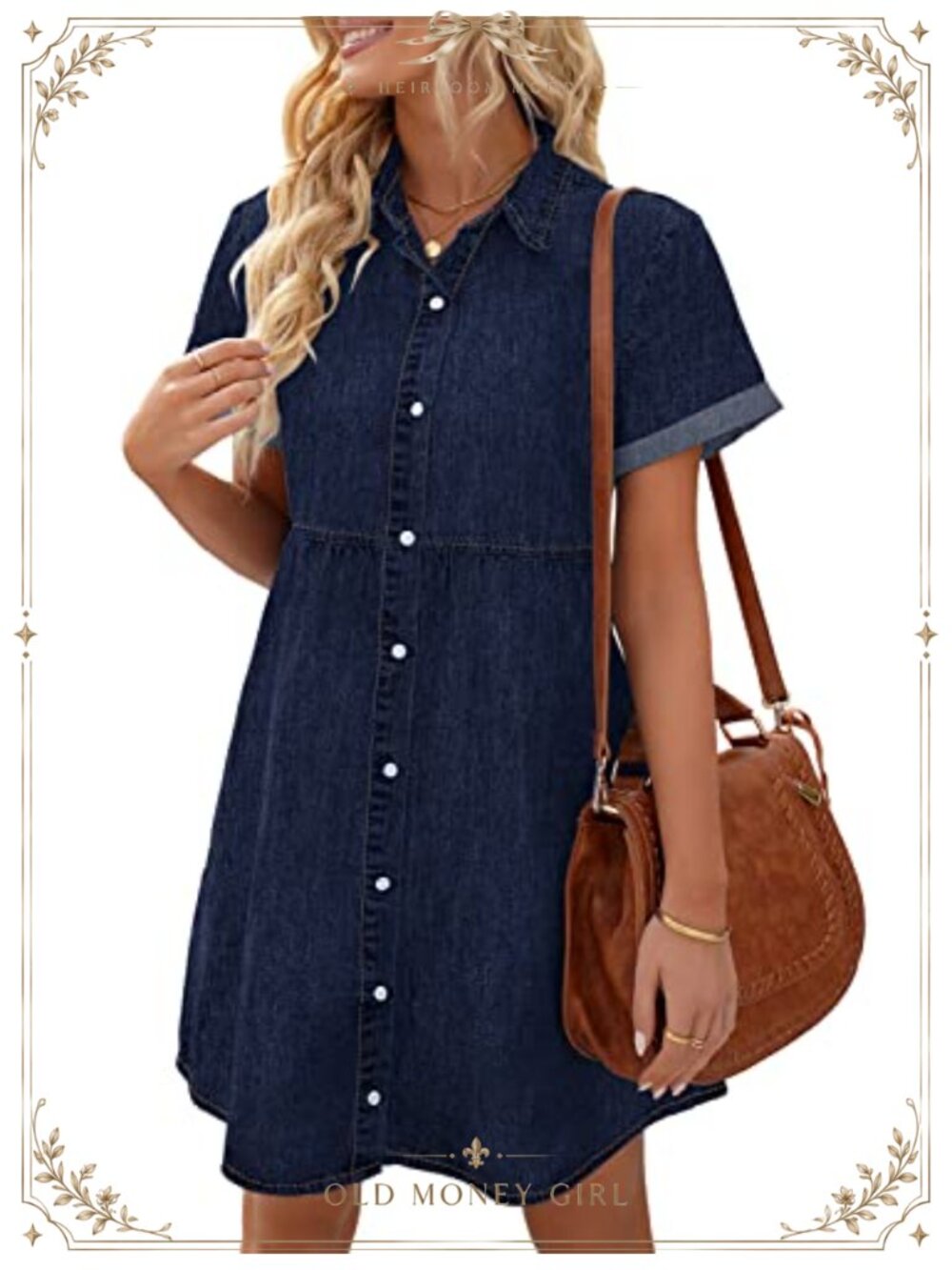 Short Sleeve Button Down Tiered Babydoll Denim Dress Above Knee
